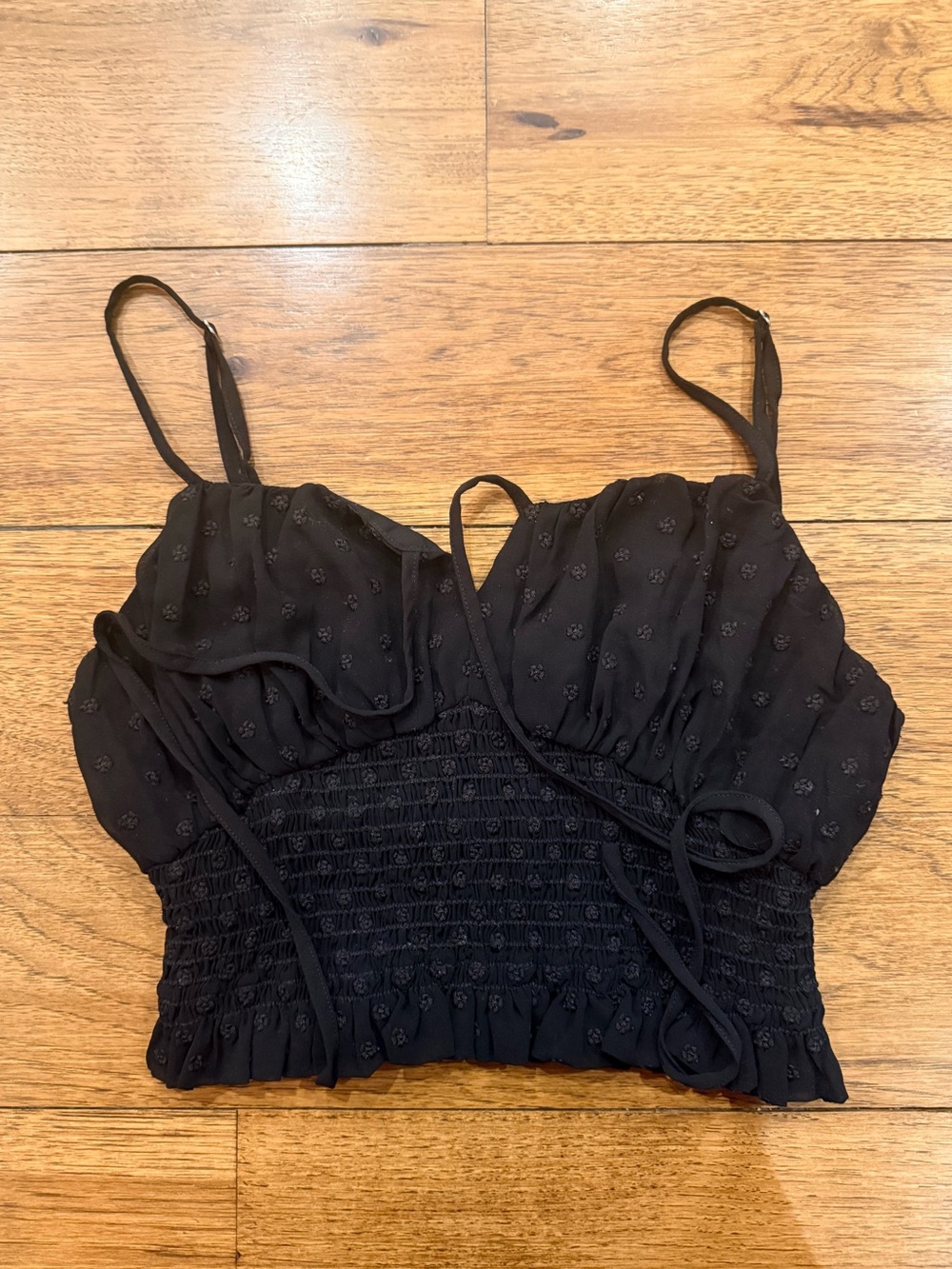 Kendall & Kylie Black Smocked Lace-Trim Cami Top